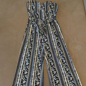 navy blue wide leg romper with light blue and white designs